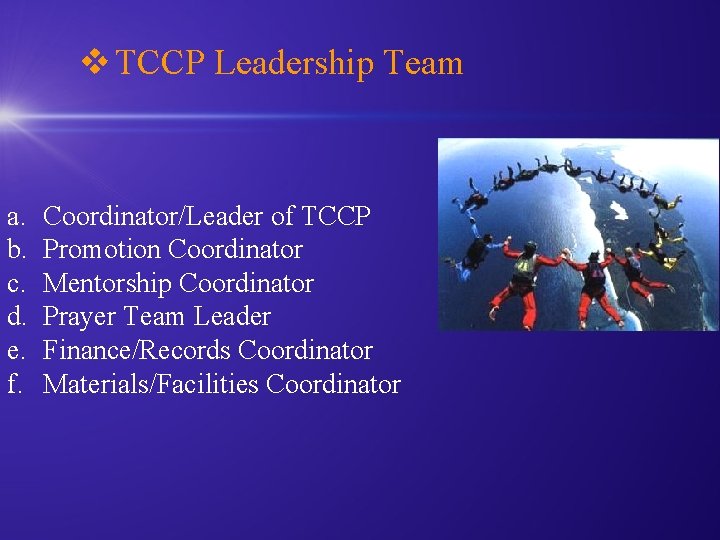 v TCCP Leadership Team a. b. c. d. e. f. Coordinator/Leader of TCCP Promotion