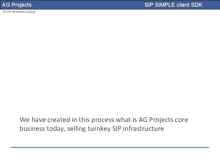 AG Projects SIP SIMPLE client SDK The SIP Infrastructure Experts We have created in