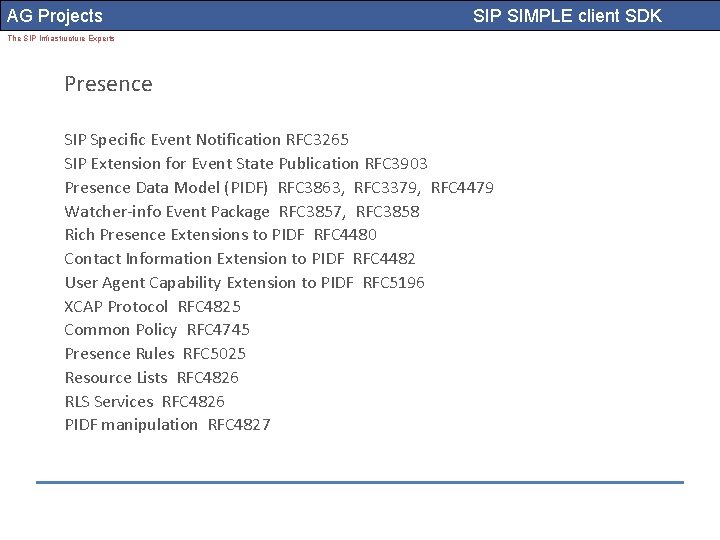 AG Projects SIP SIMPLE client SDK The SIP Infrastructure Experts Presence SIP Specific Event