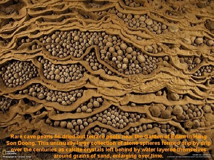 Rare cave pearls fill dried-out terrace pools near the Garden of Edam in Hang