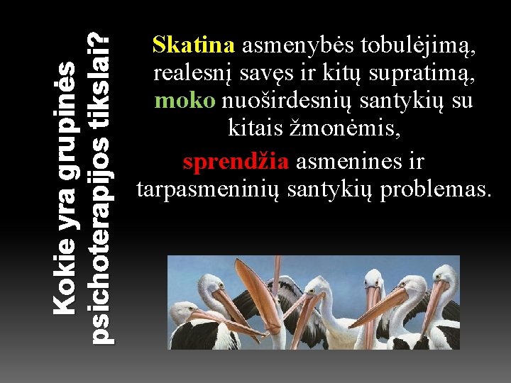 Kokie yra grupinės psichoterapijos tikslai? Skatina asmenybės tobulėjimą, realesnį savęs ir kitų supratimą, moko