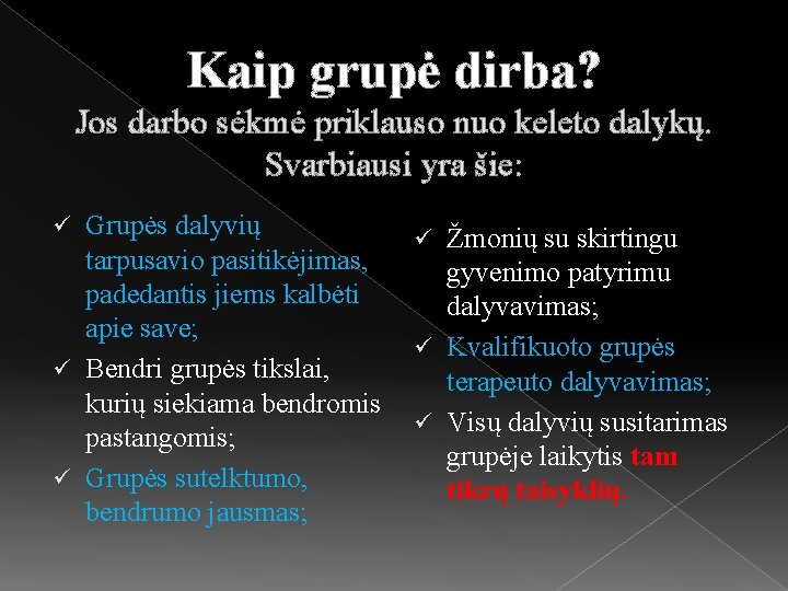 Kaip grupė dirba? Jos darbo sėkmė priklauso nuo keleto dalykų. Svarbiausi yra šie: Grupės