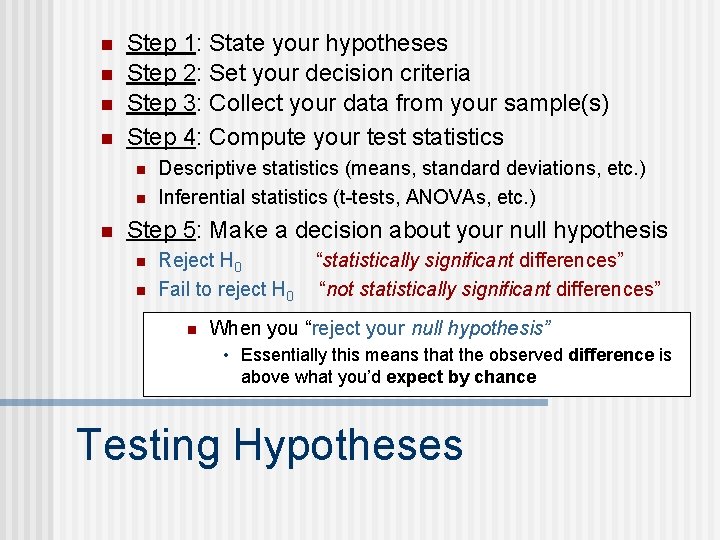 n n Step 1: State your hypotheses Step 2: Set your decision criteria Step