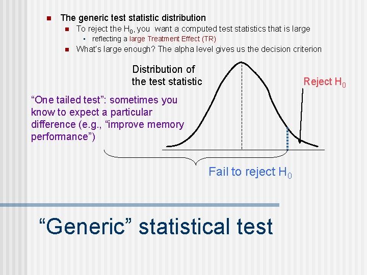 n The generic test statistic distribution n To reject the H 0, you want
