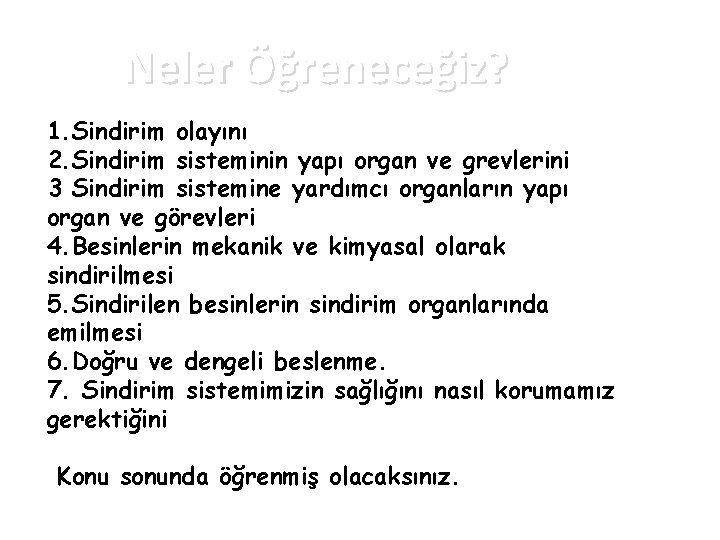 Neler Öğreneceğiz? 1. Sindirim olayını 2. Sindirim sisteminin yapı organ ve grevlerini 3 Sindirim