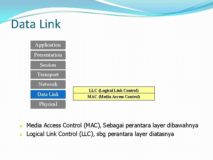 Data Link Application Presentation Session Transport Network Data Link LLC (Logical Link Control) MAC