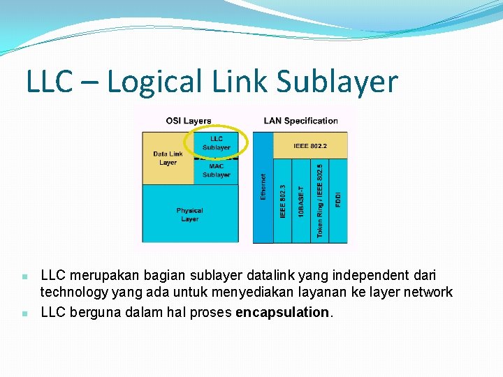 LLC – Logical Link Sublayer n n LLC merupakan bagian sublayer datalink yang independent