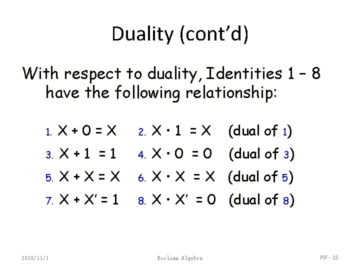 Duality (cont’d) With respect to duality, Identities 1 – 8 have the following relationship: