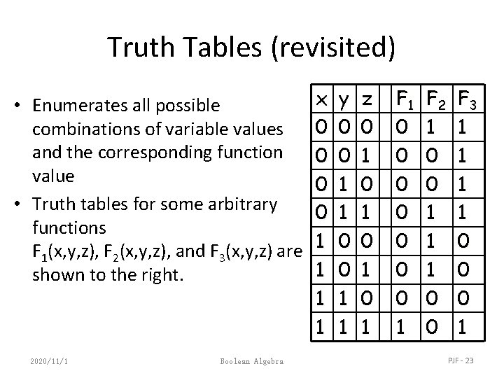 Truth Tables (revisited) • Enumerates all possible combinations of variable values and the corresponding