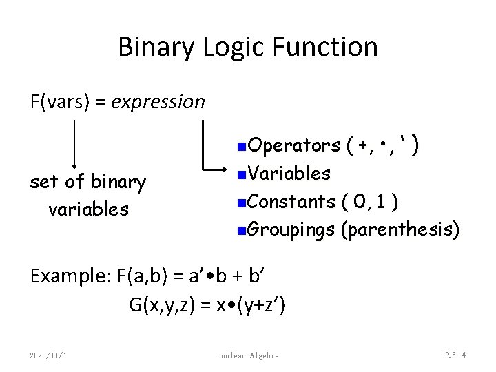 Binary Logic Function F(vars) = expression n. Operators set of binary variables n. Variables