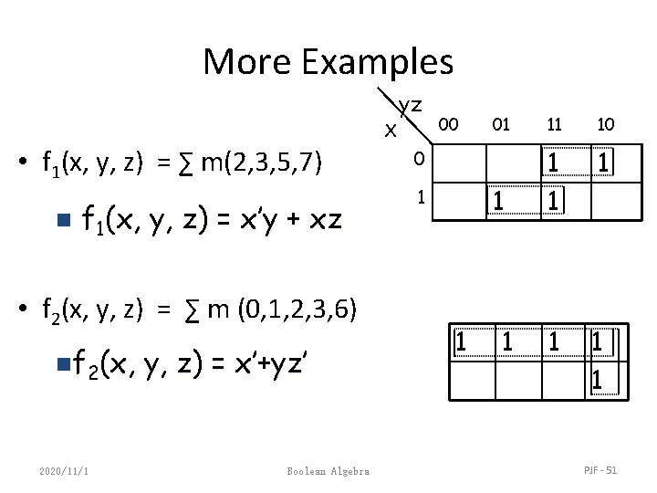 More Examples X • f 1(x, y, z) = ∑ m(2, 3, 5, 7)