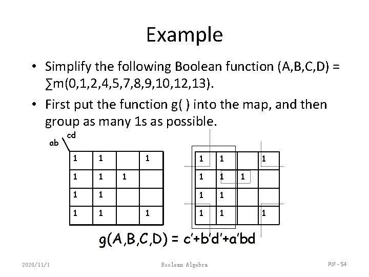 Example • Simplify the following Boolean function (A, B, C, D) = ∑m(0, 1,