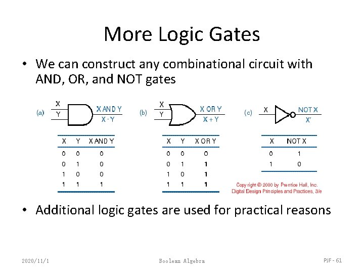 More Logic Gates • We can construct any combinational circuit with AND, OR, and