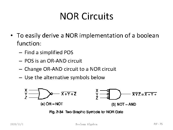 NOR Circuits • To easily derive a NOR implementation of a boolean function: –