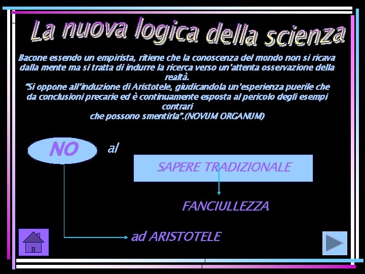 Bacone essendo un empirista, ritiene che la conoscenza del mondo non si ricava dalla