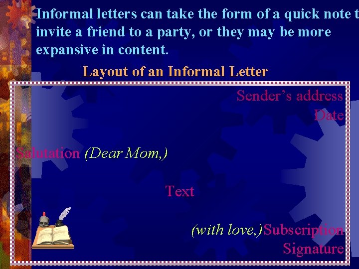 Informal letters can take the form of a quick note t invite a friend Informal letters can take the form of a quick note t invite a friend