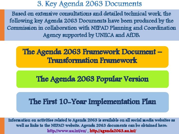 Based on extensive consultations and detailed technical work, the following key Agenda 2063 Documents Based on extensive consultations and detailed technical work, the following key Agenda 2063 Documents