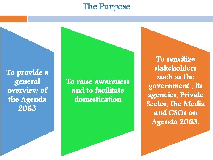 To provide a general overview of the Agenda 2063 To raise awareness and to To provide a general overview of the Agenda 2063 To raise awareness and to