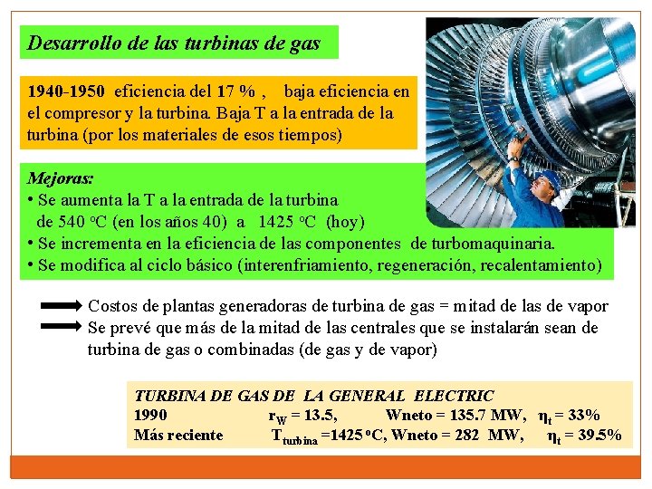 Desarrollo de las turbinas de gas 1940 -1950 eficiencia del 17 % , baja