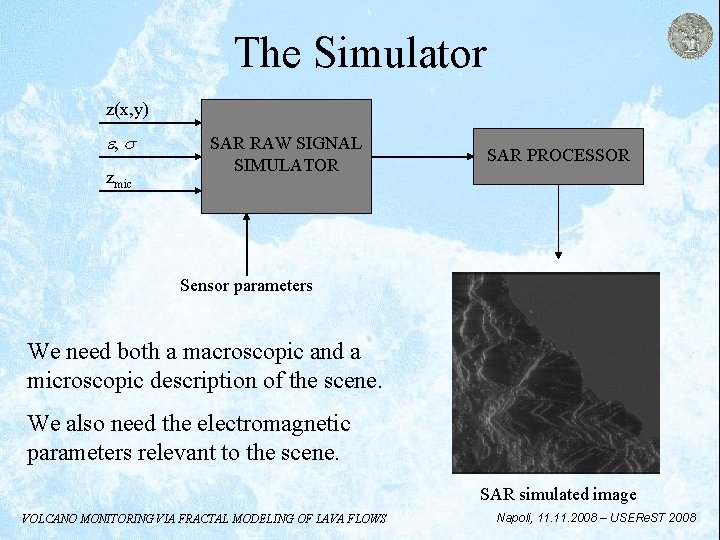 The Simulator z(x, y) e, s zmic SAR RAW SIGNAL SIMULATOR SAR PROCESSOR Sensor