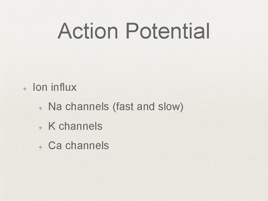 Action Potential ✦ Ion influx ✦ Na channels (fast and slow) ✦ K channels