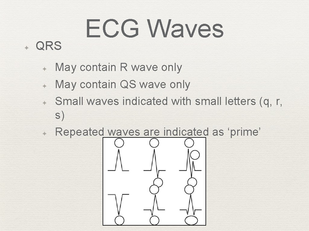 ✦ QRS ✦ ✦ ECG Waves May contain R wave only May contain QS
