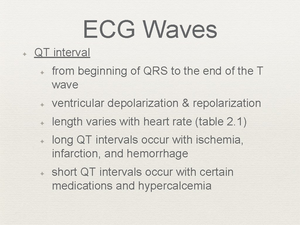 ECG Waves ✦ QT interval ✦ from beginning of QRS to the end of