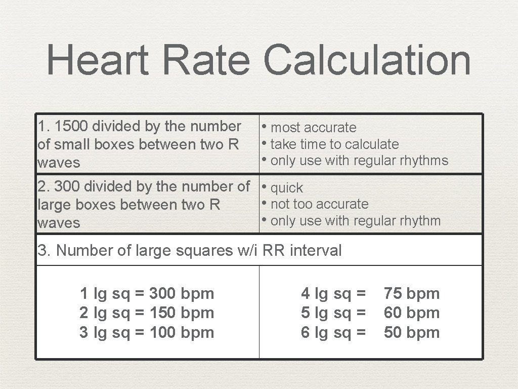 Heart Rate Calculation 1. 1500 divided by the number of small boxes between two