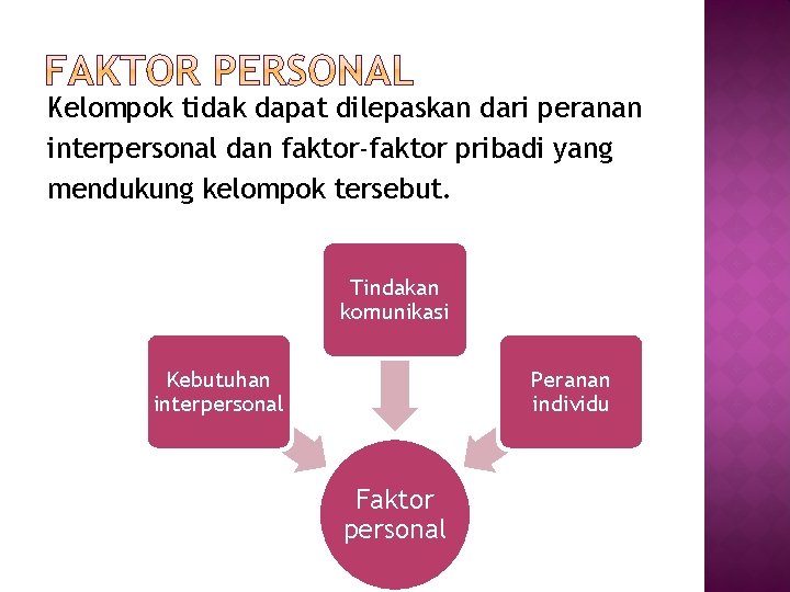 Kelompok tidak dapat dilepaskan dari peranan interpersonal dan faktor-faktor pribadi yang mendukung kelompok tersebut.