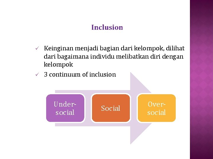 Inclusion ü ü Keinginan menjadi bagian dari kelompok, dilihat dari bagaimana individu melibatkan diri