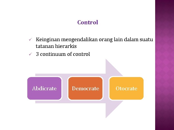 Control ü ü Keinginan mengendalikan orang lain dalam suatu tatanan hierarkis 3 continuum of