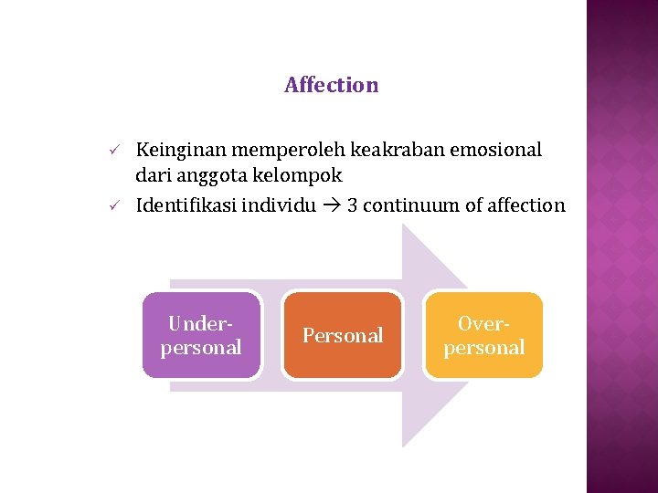 Affection ü ü Keinginan memperoleh keakraban emosional dari anggota kelompok Identifikasi individu 3 continuum
