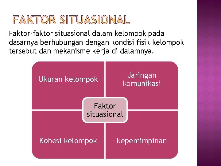 Faktor-faktor situasional dalam kelompok pada dasarnya berhubungan dengan kondisi fisik kelompok tersebut dan mekanisme