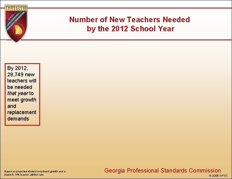 Number of New Teachers Needed by the 2012 School Year By 2012, 28, 749