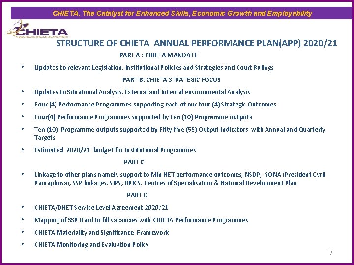 CHIETA, The Catalyst for Enhanced Skills, Economic Growth and Employability STRUCTURE OF CHIETA ANNUAL