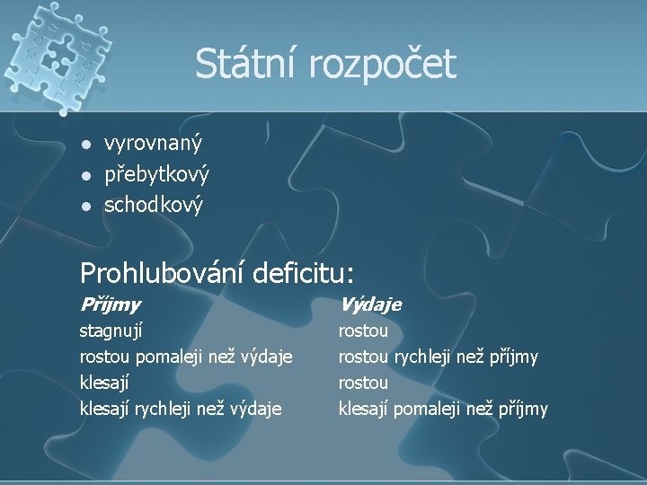 Státní rozpočet l l l vyrovnaný přebytkový schodkový Prohlubování deficitu: Příjmy Výdaje stagnují rostou