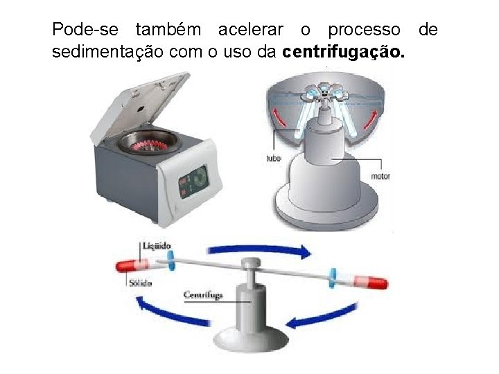 Pode-se também acelerar o processo de sedimentação com o uso da centrifugação. Pode-se também acelerar o processo de sedimentação com o uso da centrifugação.