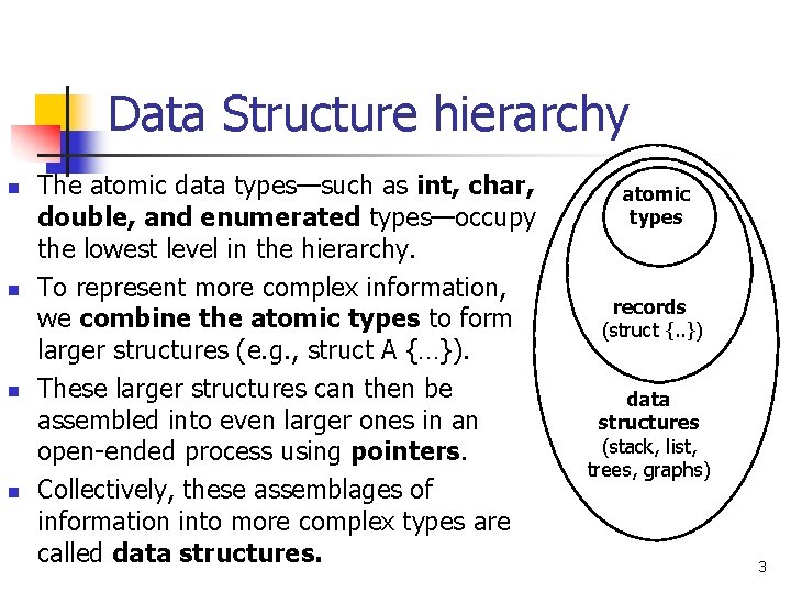 Data Structure hierarchy n n The atomic data types—such as int, char, double, and