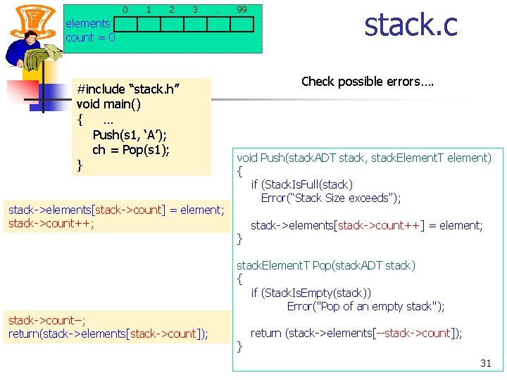 0 1 2 3 … 99 elements count = 0 #include “stack. h” void