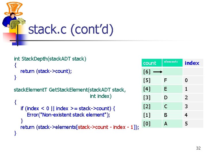 stack. c (cont’d) int Stack. Depth(stack. ADT stack) { return (stack->count); } stack. Element.