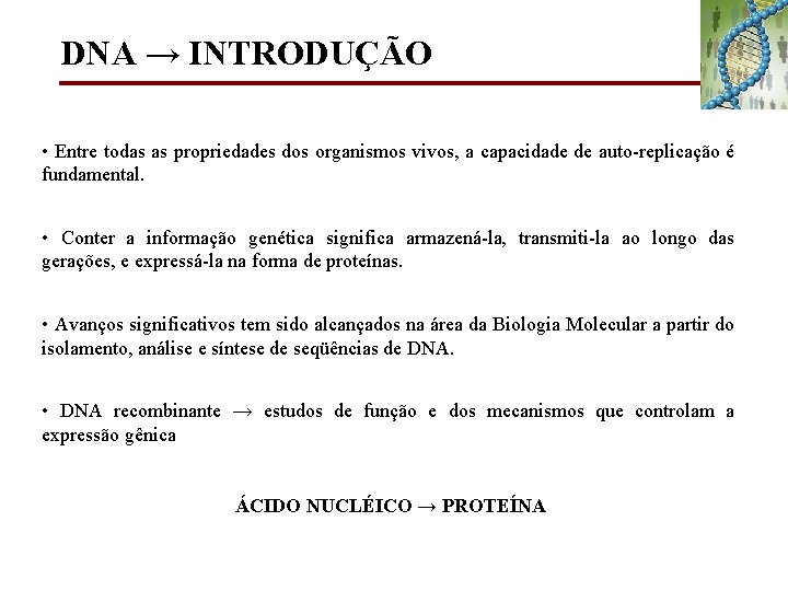 DNA → INTRODUÇÃO • Entre todas as propriedades dos organismos vivos, a capacidade de