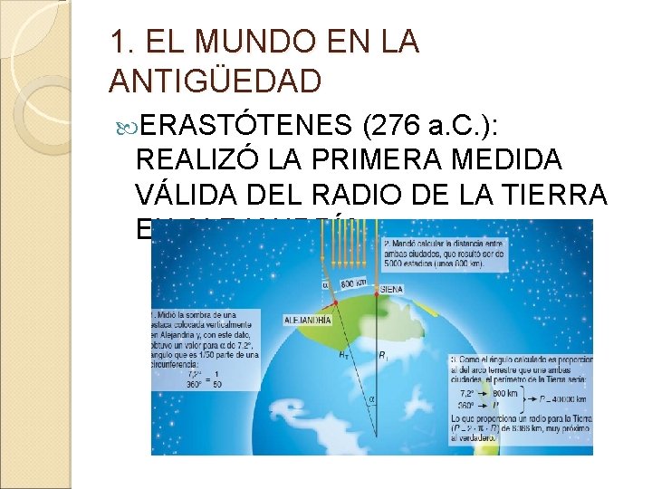 1. EL MUNDO EN LA ANTIGÜEDAD ERASTÓTENES (276 a. C. ): REALIZÓ LA PRIMERA