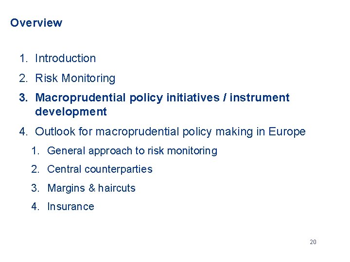 Overview 1. Introduction 2. Risk Monitoring 3. Macroprudential policy initiatives / instrument development 4.