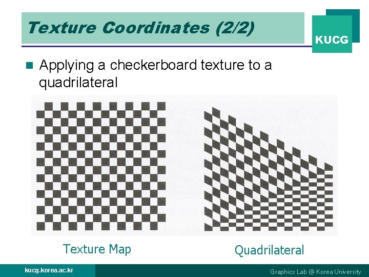 Texture Coordinates (2/2) n KUCG Applying a checkerboard texture to a quadrilateral Texture Map