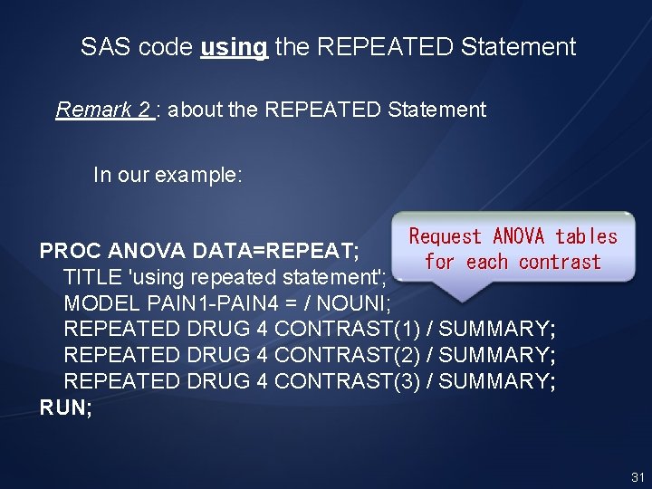 SAS code using the REPEATED Statement Remark 2 : about the REPEATED Statement In