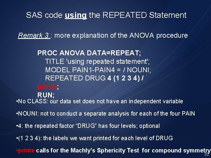 SAS code using the REPEATED Statement Remark 3 : more explanation of the ANOVA