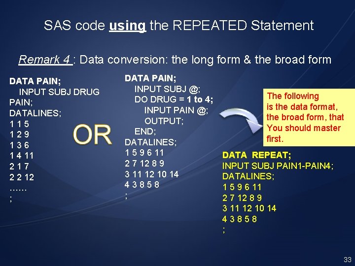 SAS code using the REPEATED Statement Remark 4 : Data conversion: the long form