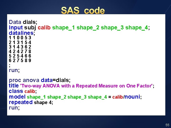 Data dials; Input subj calib shape_1 shape_2 shape_3 shape_4; datalines; 1 1 0 0