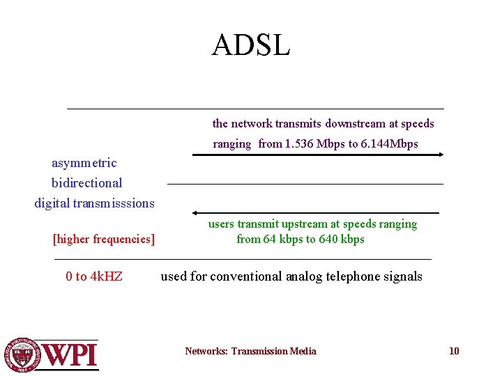 ADSL the network transmits downstream at speeds ranging from 1. 536 Mbps to 6.