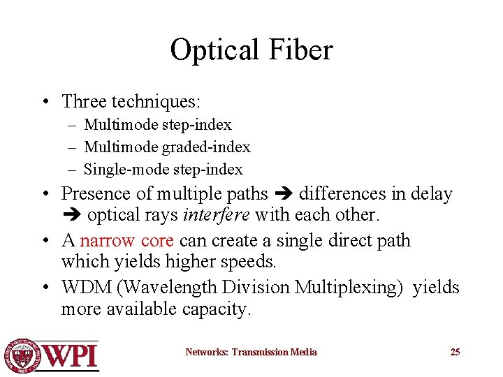 Optical Fiber • Three techniques: – Multimode step-index – Multimode graded-index – Single-mode step-index